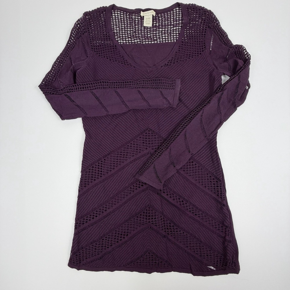 Cache Purple Open Knit Sweater Top S Sheer Crochet Boho